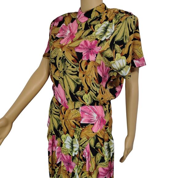 1980s April Rain Tropical Long Wiggle Dress Shoulder Pads Button Up Back Size S - Picture 1 of 11